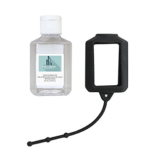PP0015-60 ML. (2 FL. OZ.) HAND SANITIZER WITH SILICONE HOLDER-Clear/White Bottle Black holder